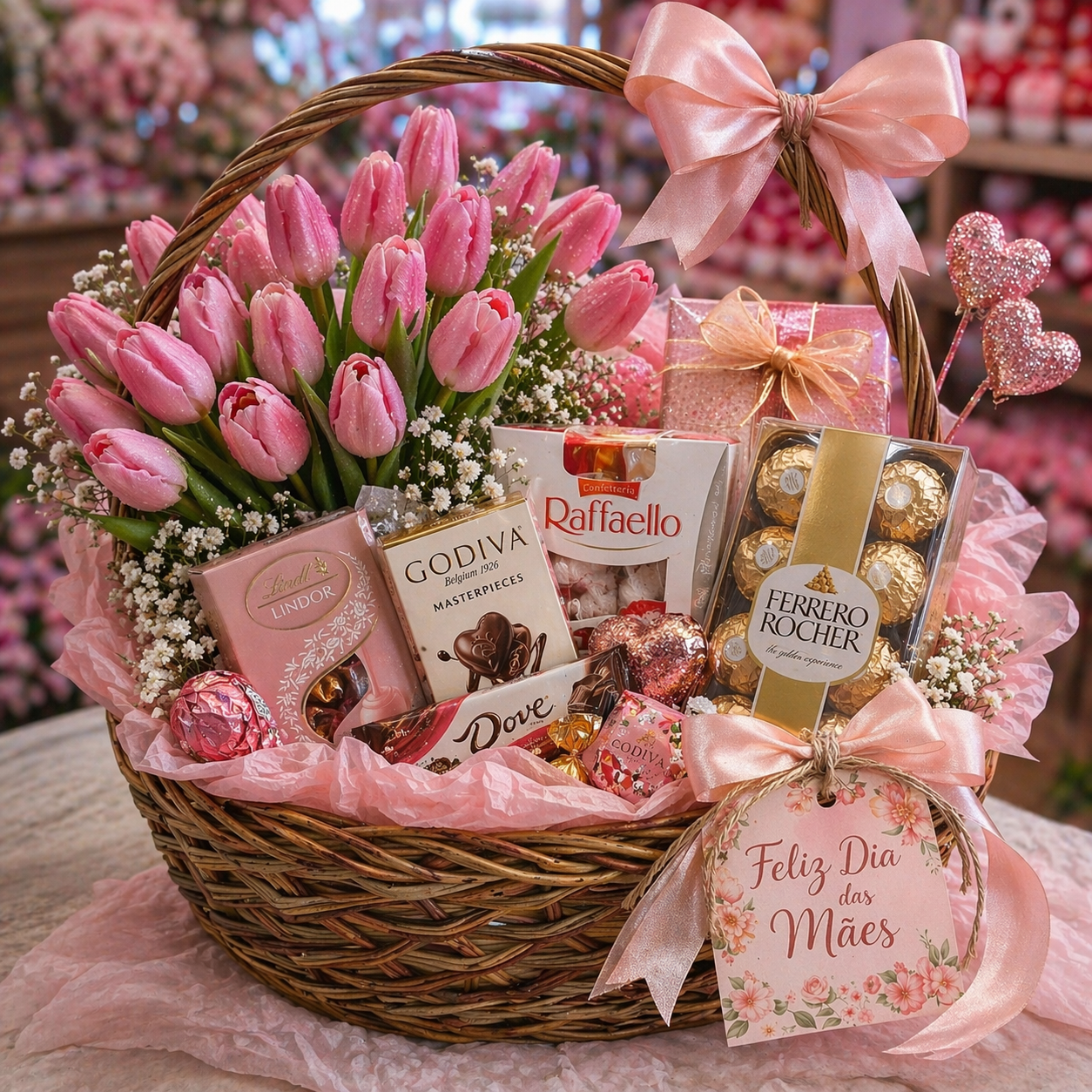 Mother's Day Pink Flower Basket with Chocolates