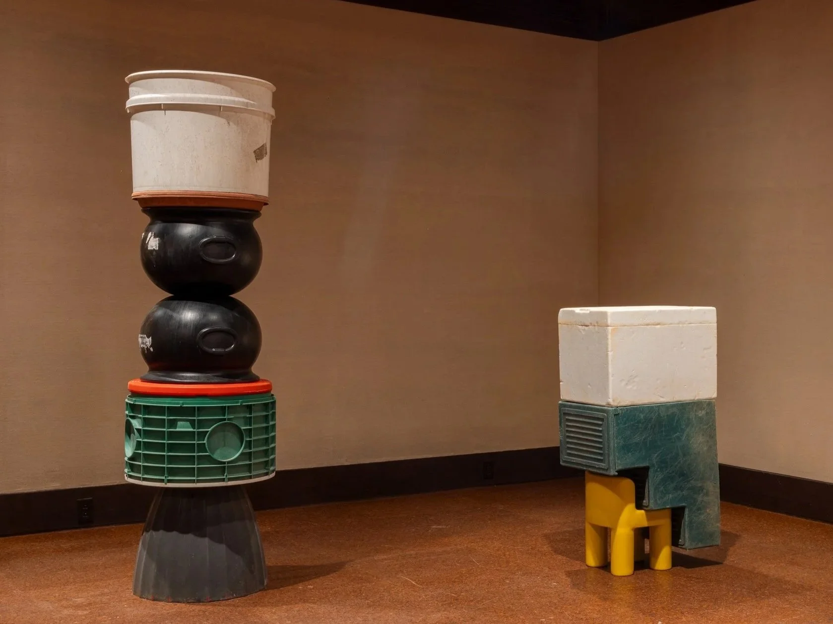 "Longevity Pillar" and "Longevity Block" installation view at Carnegie Museum of Art, for "Everlasting Plastics" 2024. Photo by Chris Uhren.