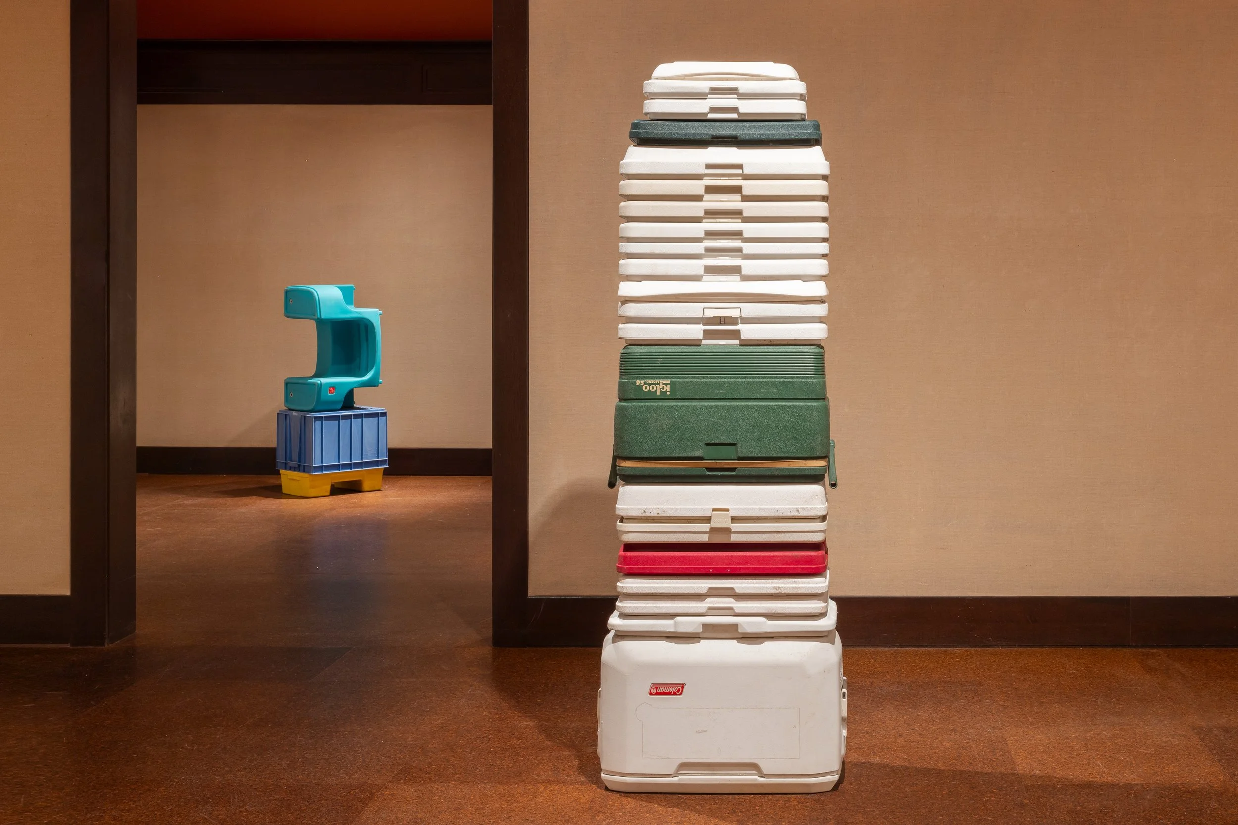 "Longevity Contour" and "Longevity Obelisk" installation view at Carnegie Museum of Art, for "Everlasting Plastics" 2024. Photo by Chris Uhren.