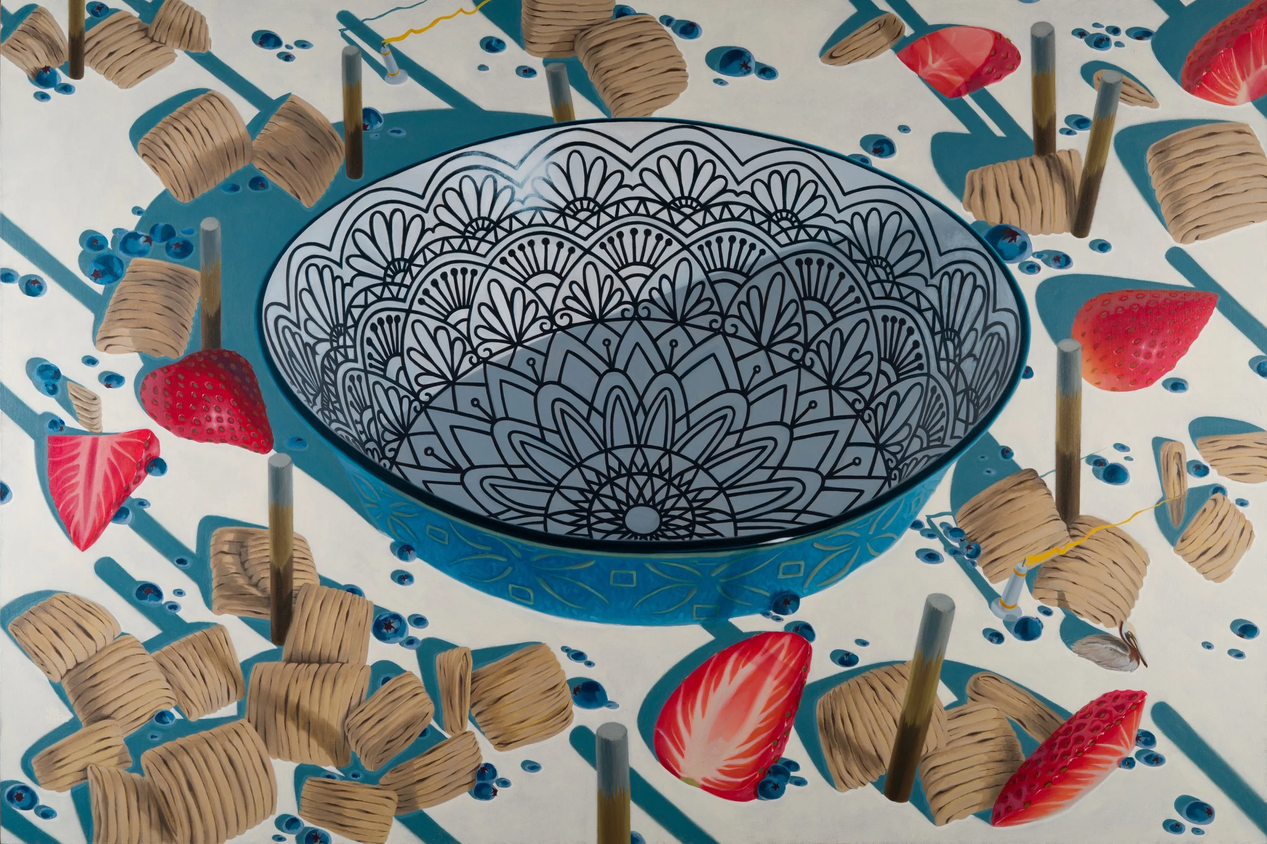 From Luis Alfonzo's Inside Out series: "Squares" is an oil painting of an ornate, blue cereal bowl sitting in milk, surrounded by oatmeal squares, strawberries and blueberries.