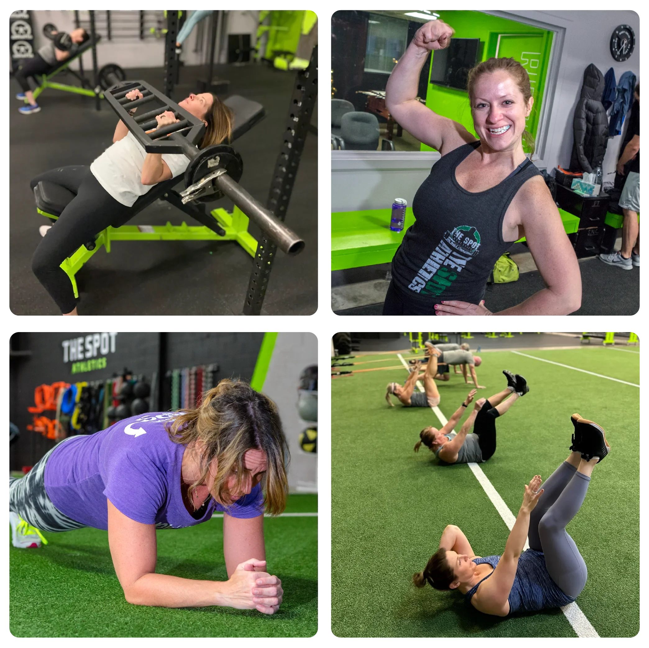Collage of moms strength training in small group fitness class at The Spot Athletics