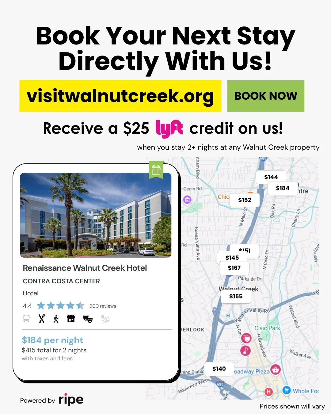 Book your next stay in Walnut Creek with us! Use the link in our bio or go to visitwalnutcreek.org. Compare room rates, amenities, and what's nearby each hotel to help you book your perfect stay.

When you stay 2 or more consecutive nights at any Wal