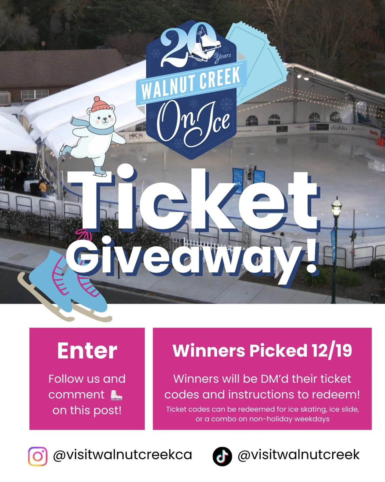 Happy Holidays from Visit Walnut Creek! We&rsquo;re giving away 3 sets of tickets to @walnutcreekonice! To enter on Instagram or TikTok just follow us and comment ⛸️

Two winners will receive four tickets and one winner will receive two tickets. Winn
