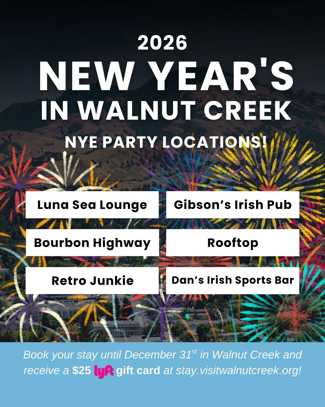 Ring in the New Year in Walnut Creek! Find your vibe at a variety of themed New Year's Eve parties and events!

Click the 🔗 in our bio to see more of Walnut Creek!

For NYE, book your stay with us at stay.visitwalnutcreek.org until December 31st and