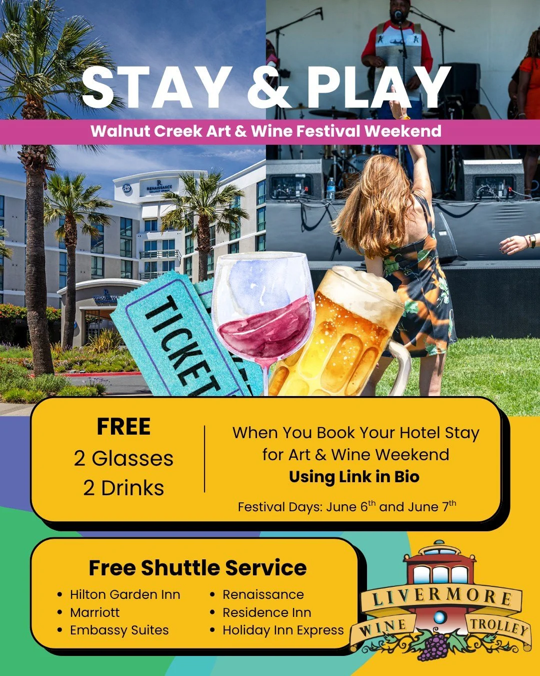 The Walnut Creek Art &amp; Wine Festival is coming to Civic Park again this year on June 6th and 7th! Get more out of your experience when you stay at least one night that weekend. You'll receive a free drink package that includes 2 glasses and 2 dri