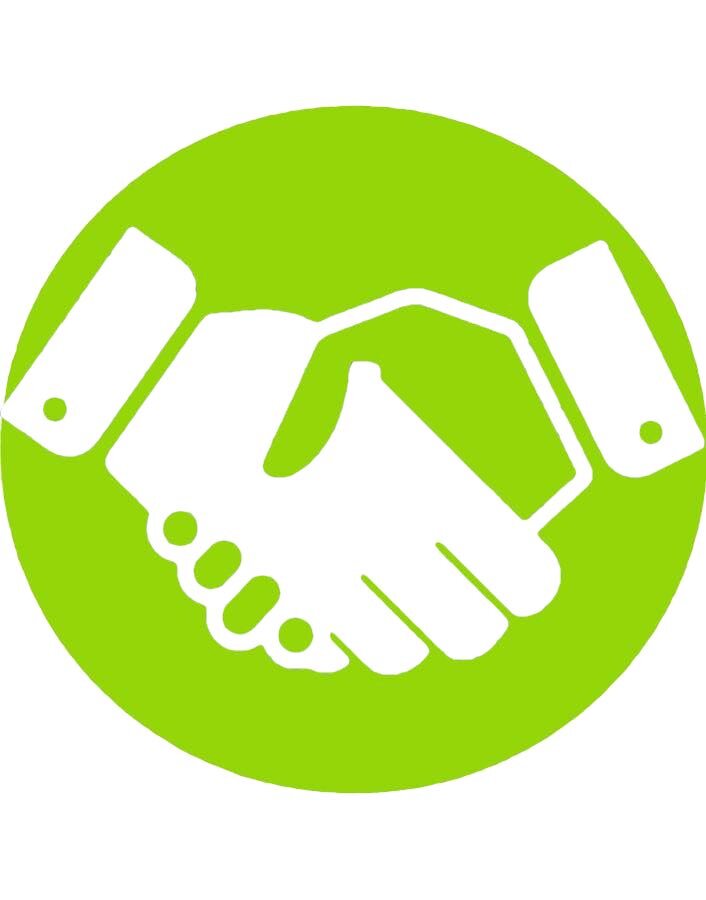 Icon of a handshake in white on a green circular background.