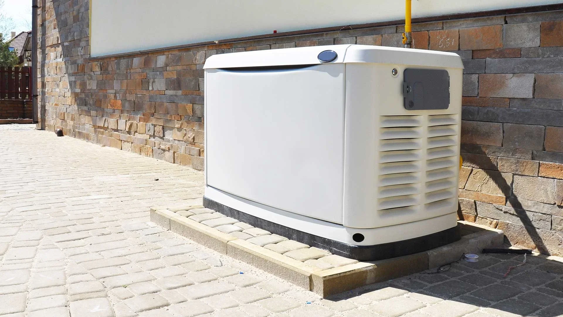 Utility unit or air conditioning condenser at an outdoor location next to a stone wall and paved surface.