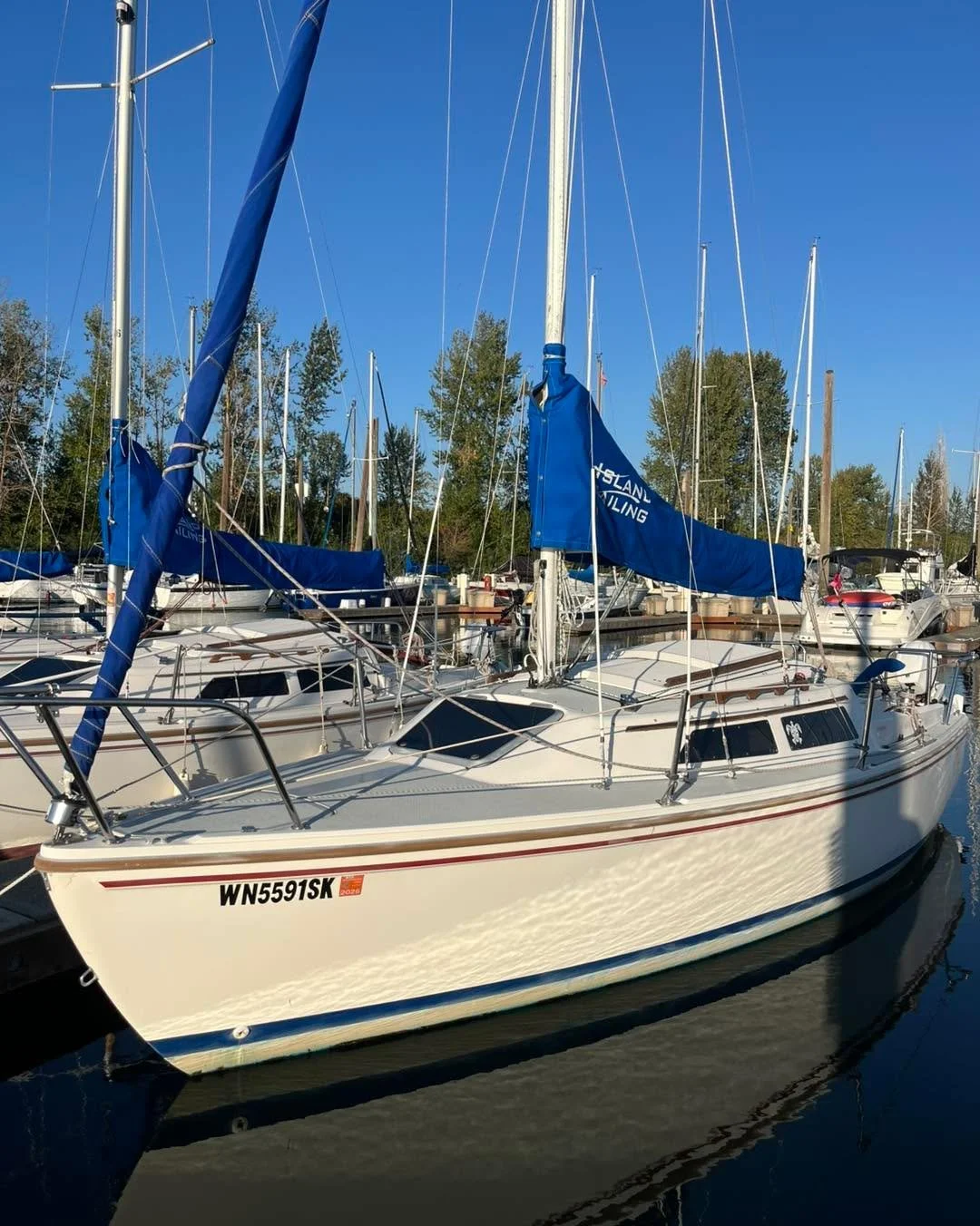 Meet our new Catalina 22! This beauty has a brand new main sail, brand new roller furler, and a gorgeous tiller. With its 10w solar panel on the stern and her lovely interior, she's just about ready for any adventure on the Columbia. Just missing one