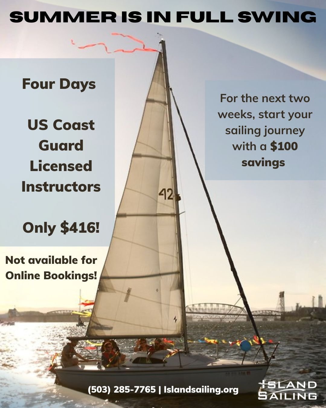 The summer breezes are blowing from the northwest, and the sunsets are at 8. The season is here! 

To celebrate the beginning of the summer sailing season, we're offering our beginning sailing courses in May and June for 20% savings, a value of over 