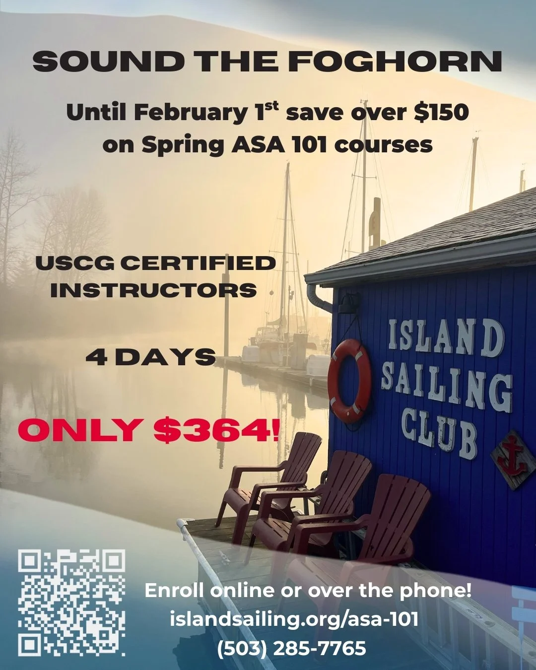 SOUND THE FOGHORN! 

Wanting to take advantage of the warm winter? This spring, come out sailing! 

Right now our March and April classes are 30% off, but only until February 1st. That's a savings of over $150! Enroll today for the most approachable 