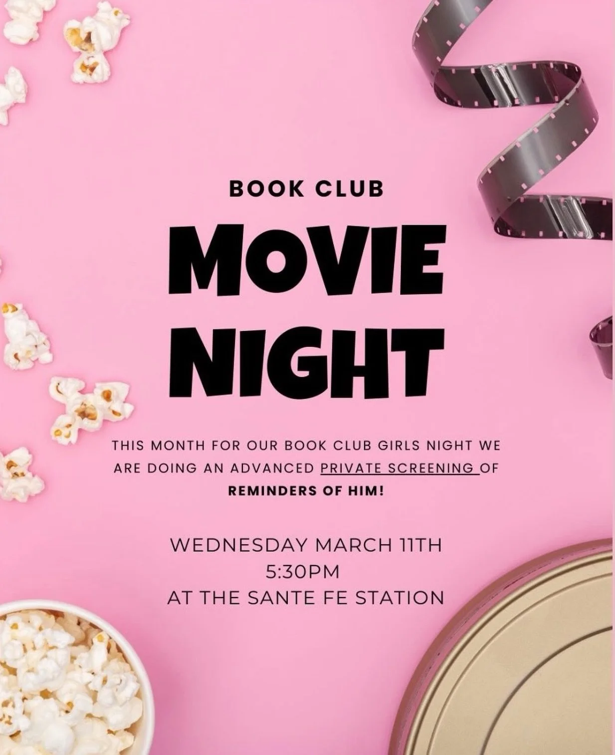 WEDNESDAY MARCH 11TH doors open at 5:30pm with the movie starting at 6pm!

Join us for a private screening of Reminders Of Him together the night before it releases!!
- Private Screening Movie Ticket @ the Sante Fe Movie Theater
Your ticket includes 