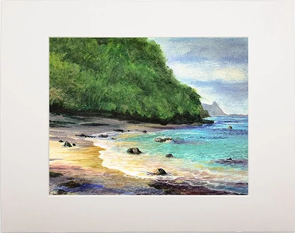 Patrizia Arroyo|Hawaiian Artist|matted print|.Hideaways|watercolor|beach scene in Kauai.jpg