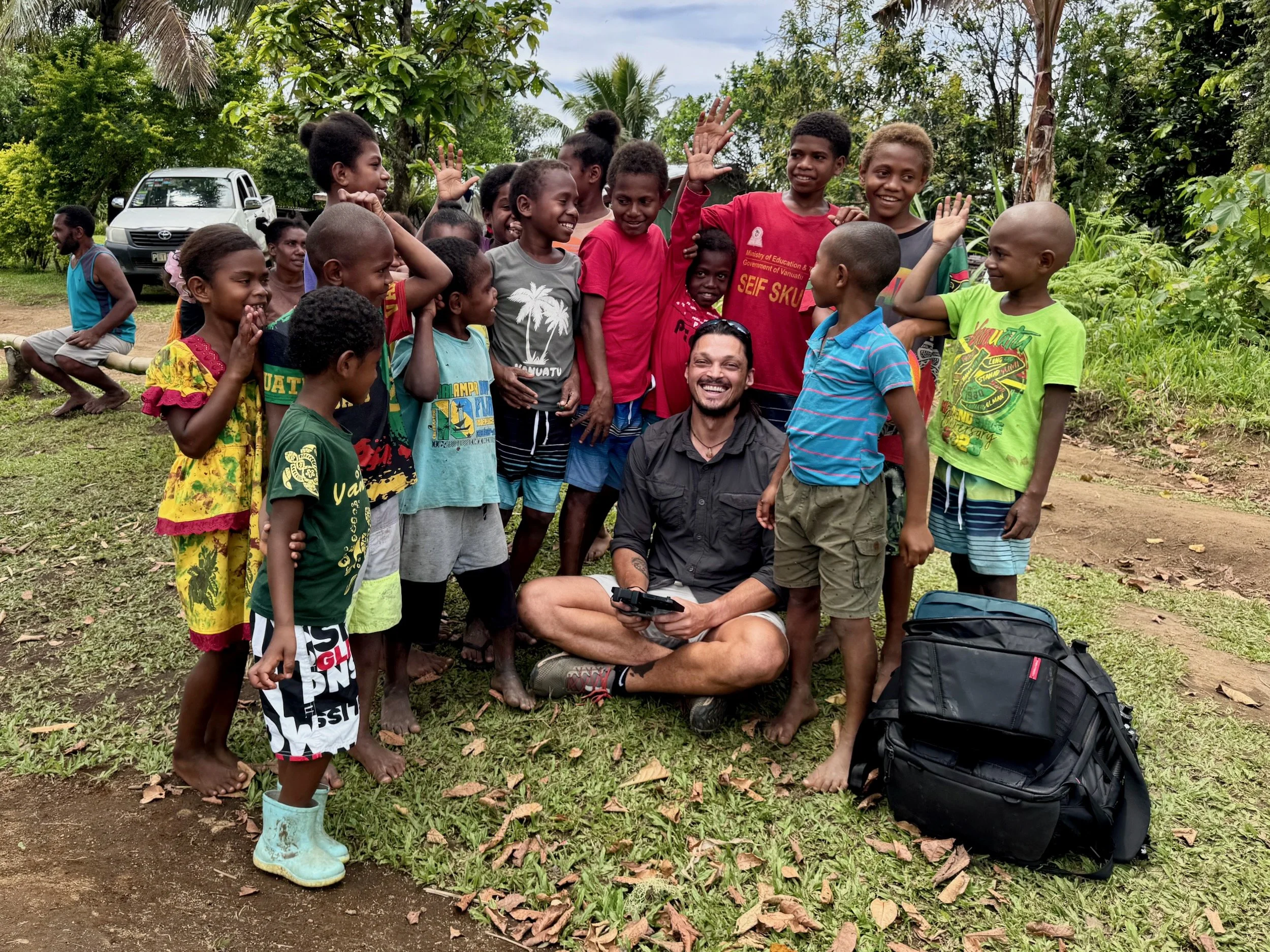 Tom Vierus filming on assignment for UNICEF on Ambae Island, Vanuatu.