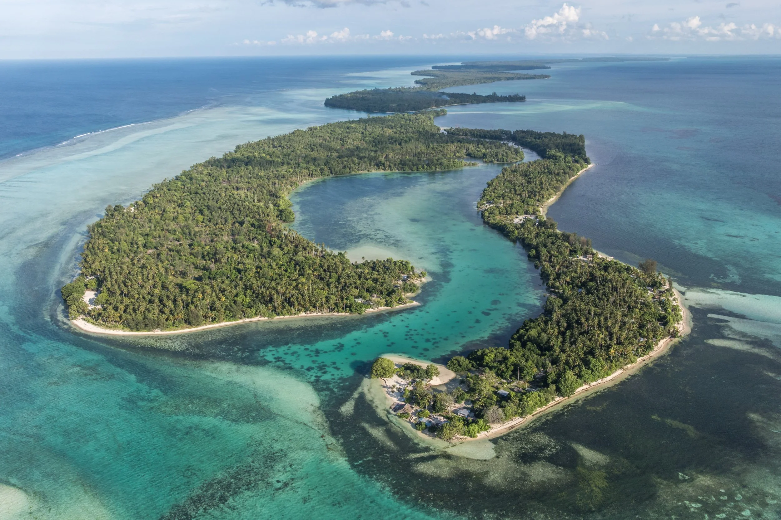 Aerial view of communities in the Tsoi Islands, Lovongai LLG, New Ireland Province, Papua New Guinea.