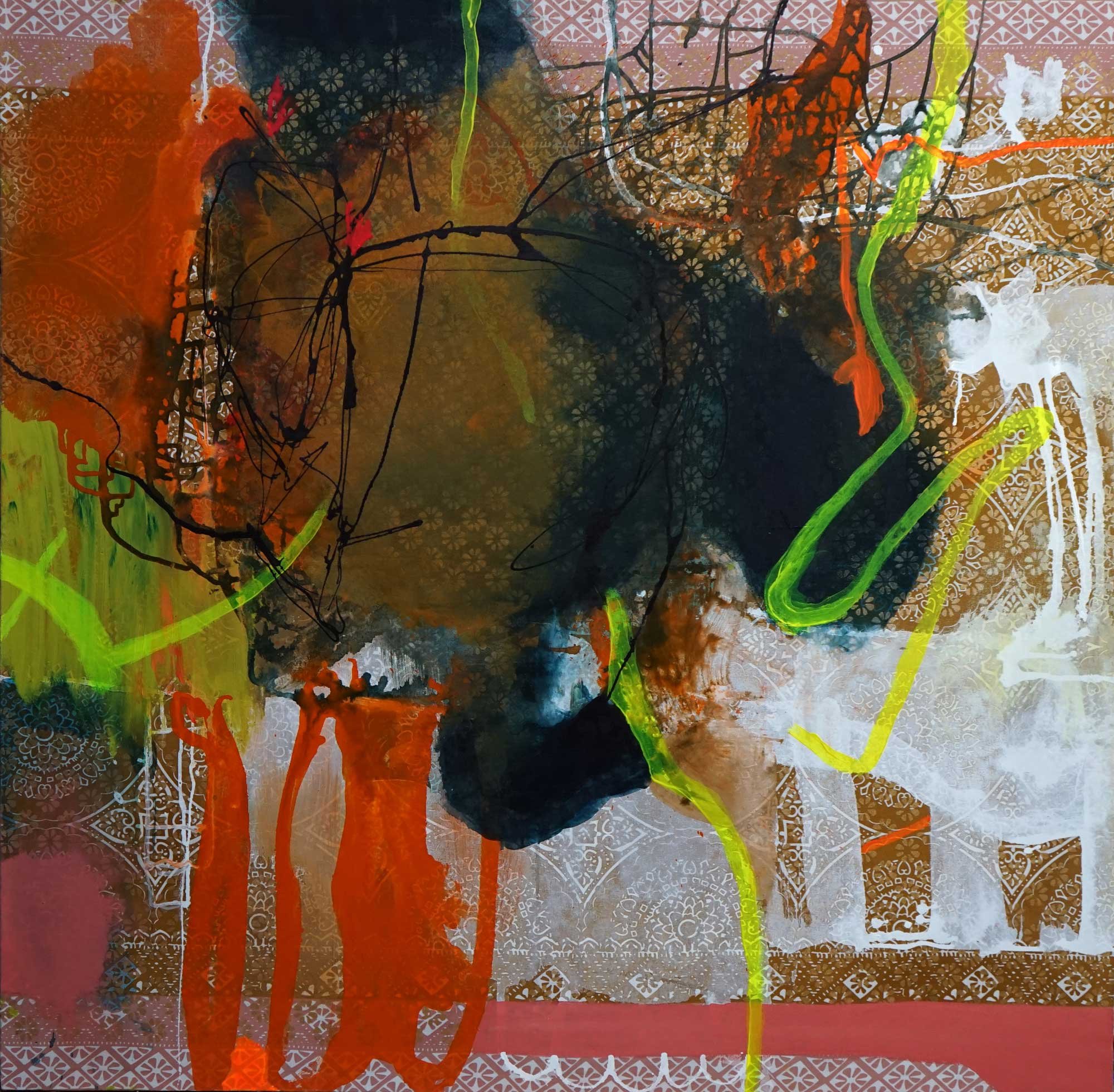 Coming up for air, acrylic on on fabric, 110 x 110cm