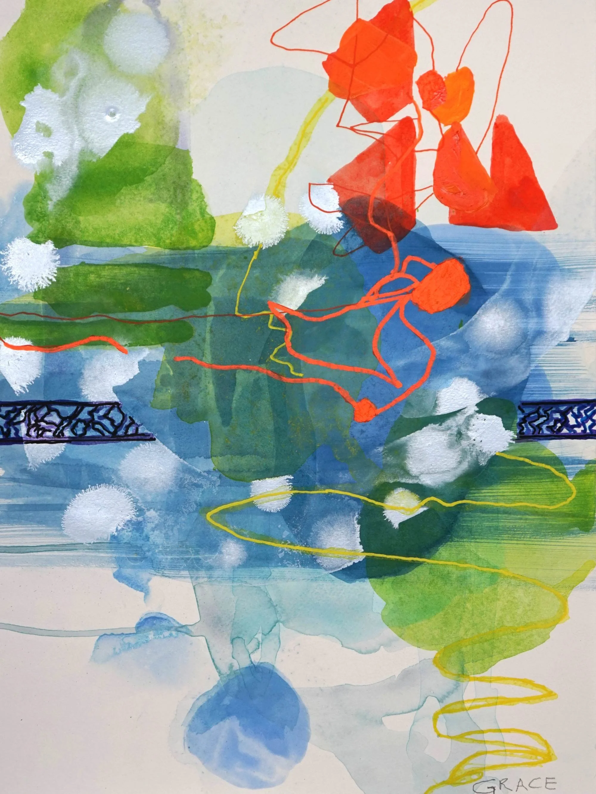 Reach for the Sky, 35 x 43 x 4cm, watercolour and acrylic on paper. Framed in a white timber frame