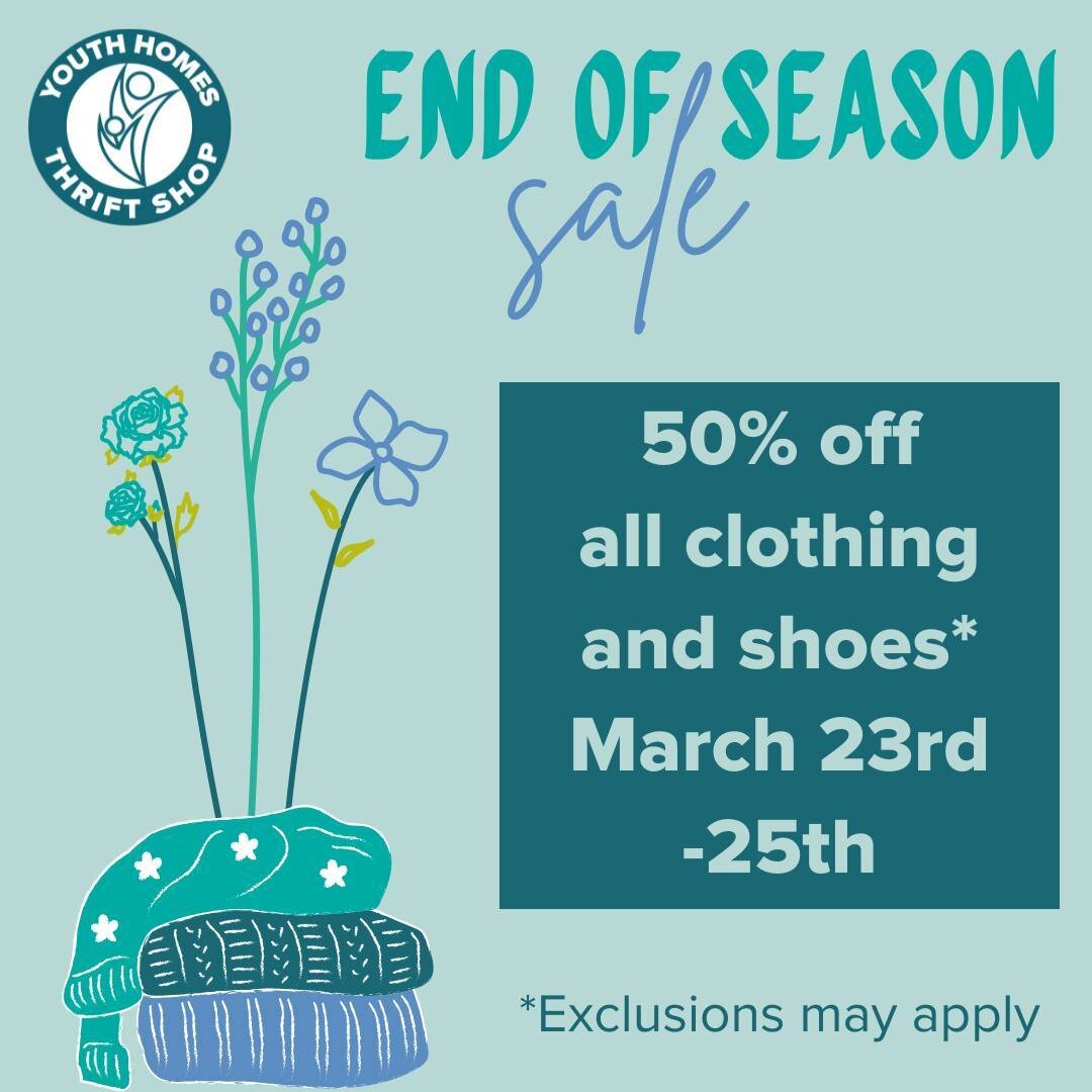 Join us in store this Thursday through Sunday for our End of Season Sale! Snag the last of our warm winter clothing for 50% off* before Spring and Summer make their way to the floor 💐 

Stop by again on Monday, March 27th to get ready for warmer wea