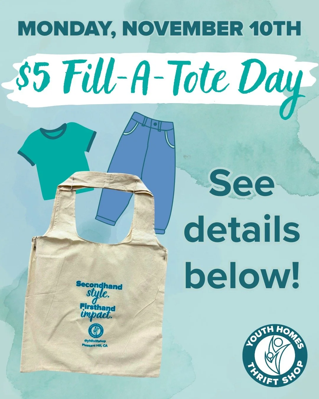 Join us this Monday, November 10th for the return of Fill-A-Tote Day! 🛍️

Here's how it works:
🎒 Purchase a YH Thrift Shop tote bag for $5
👖 Fill it up with clothing and accessories from the bins out front FOR FREE!
🕙 Promotion going on 10am-1pm 