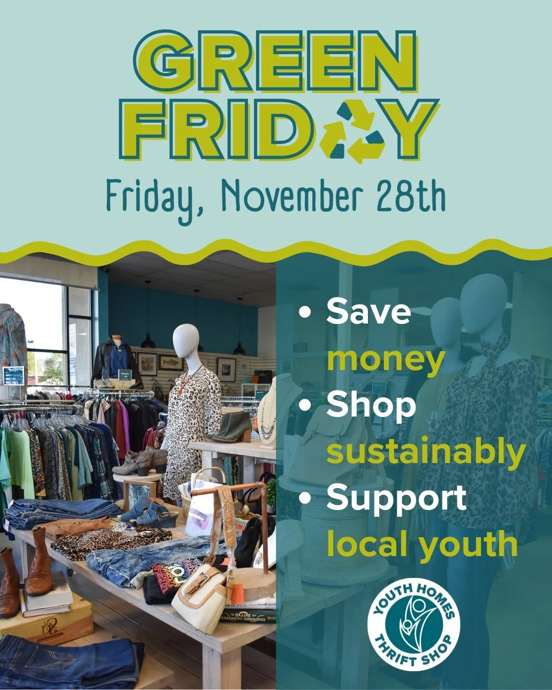 Shop sustainably at Youth Homes Thrift Shop this Green Friday ♻️ Stay tuned to learn more about the big sale, and kick off your holiday shopping where every dollar makes a difference for local youth 💚 

#youthhomes #youthhomesthriftshop #shopsecondh