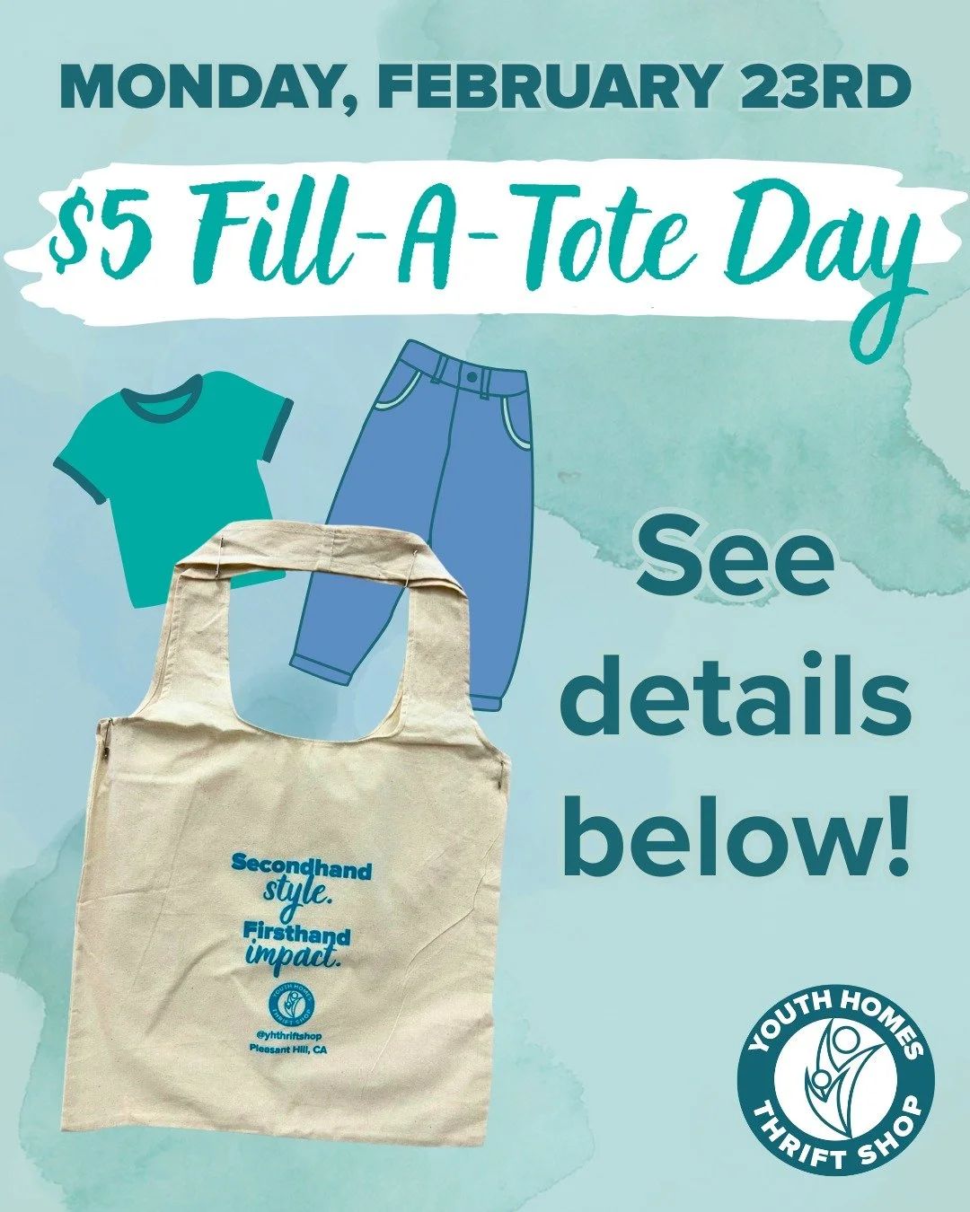 Join us this Monday, February 23rd for the return of Fill-A-Tote Day! 🛍️

Here's how it works:
🎒 Purchase a YH Thrift Shop tote bag for $5
👖 Fill it up with clothing and accessories from selected bins FOR FREE!
🕙 Promotion going on while supplies