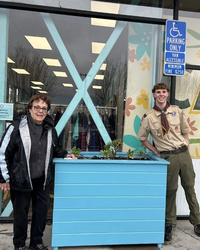 If you've noticed the lovely new planter boxes in front of Youth Homes Thrift Shop, you can thank Eagle Scout, Thomas, for his hard work 🪴 He built, painted, and planted these boxes as part of his Eagle Scout project, and brightened up the front of 