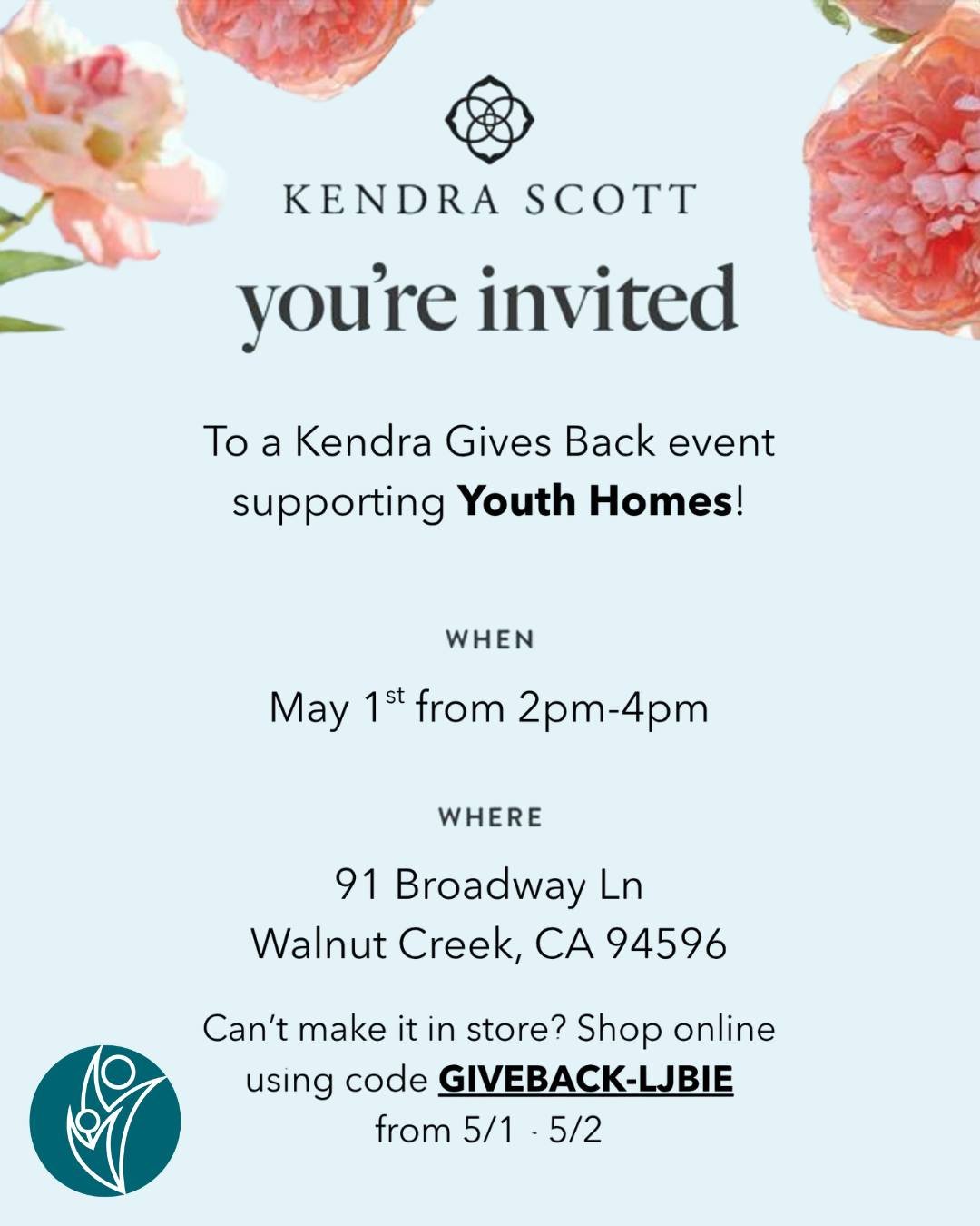Mark your calendars to join us for an afternoon of spring bling supporting Sparking Hope: The Next Sixty ✨ 

On Friday, May 1st from 2-4pm, shop at Kendra Scott in Broadway Plaza, Walnut Creek and 20% of your purchase will come back to Youth Homes. E