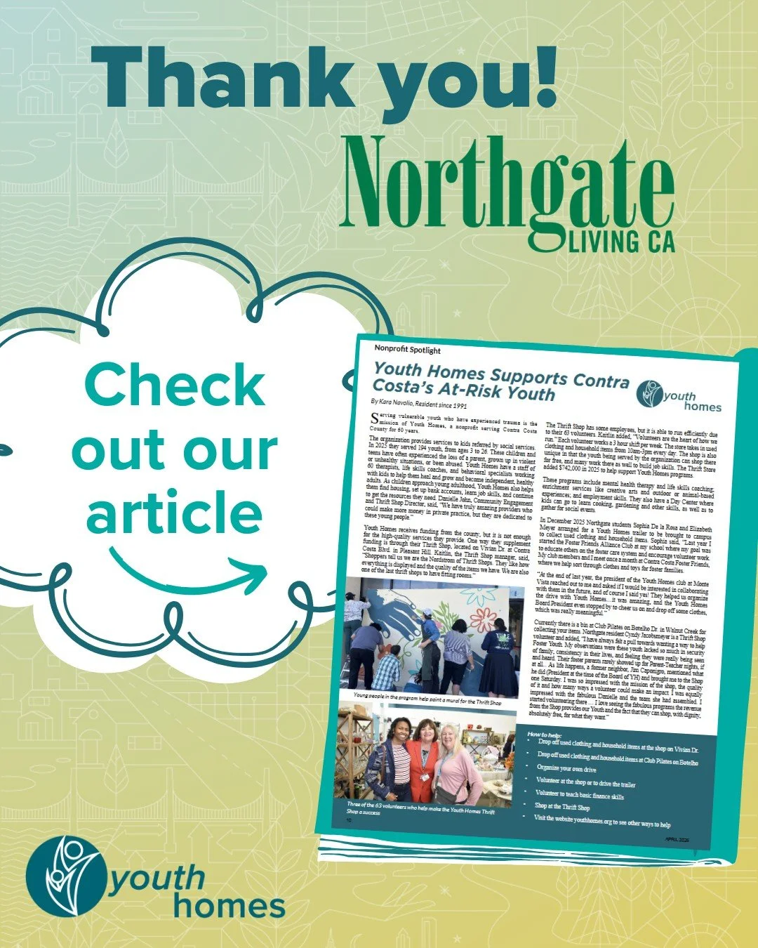 Thank you @northgatelivingca for sharing the impact of Youth Homes &amp; @yhthriftshop with the Northgate community! 🌟🏘️ 

#youthhomes #supportyouth #supportfosteryouth #bayareafosteryouth #fosteryouth #advocate #nonprofit #bayareanonprofit #connec