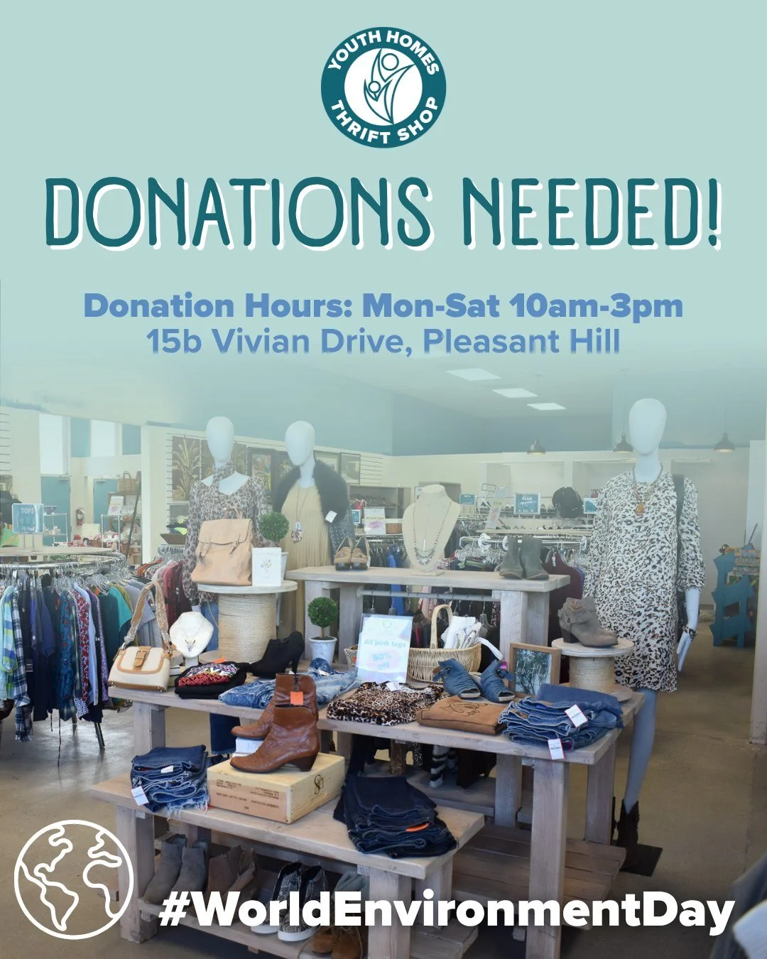 Happy #WorldEnvironmentDay from Youth Homes Thrift Shop! 🌱 When you shop, donate, and support our shop, you're not only supporting at-risk young people in our community - you're keeping hundreds of thousands of items out of landfills each year, and 