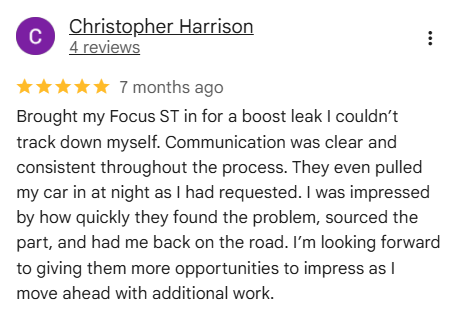 5-star Google review for BechTech Automotive from Christopher Harrison mentioning a Focus ST boost leak repair and fast turnaround in Broomfield CO