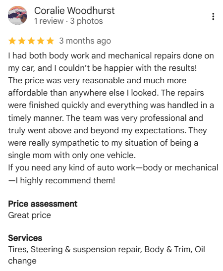 Customer testimonial for BechTech Automotive from Coralie Woodhurst highlighting affordable body work, mechanical repairs, and suspension service in Broomfield