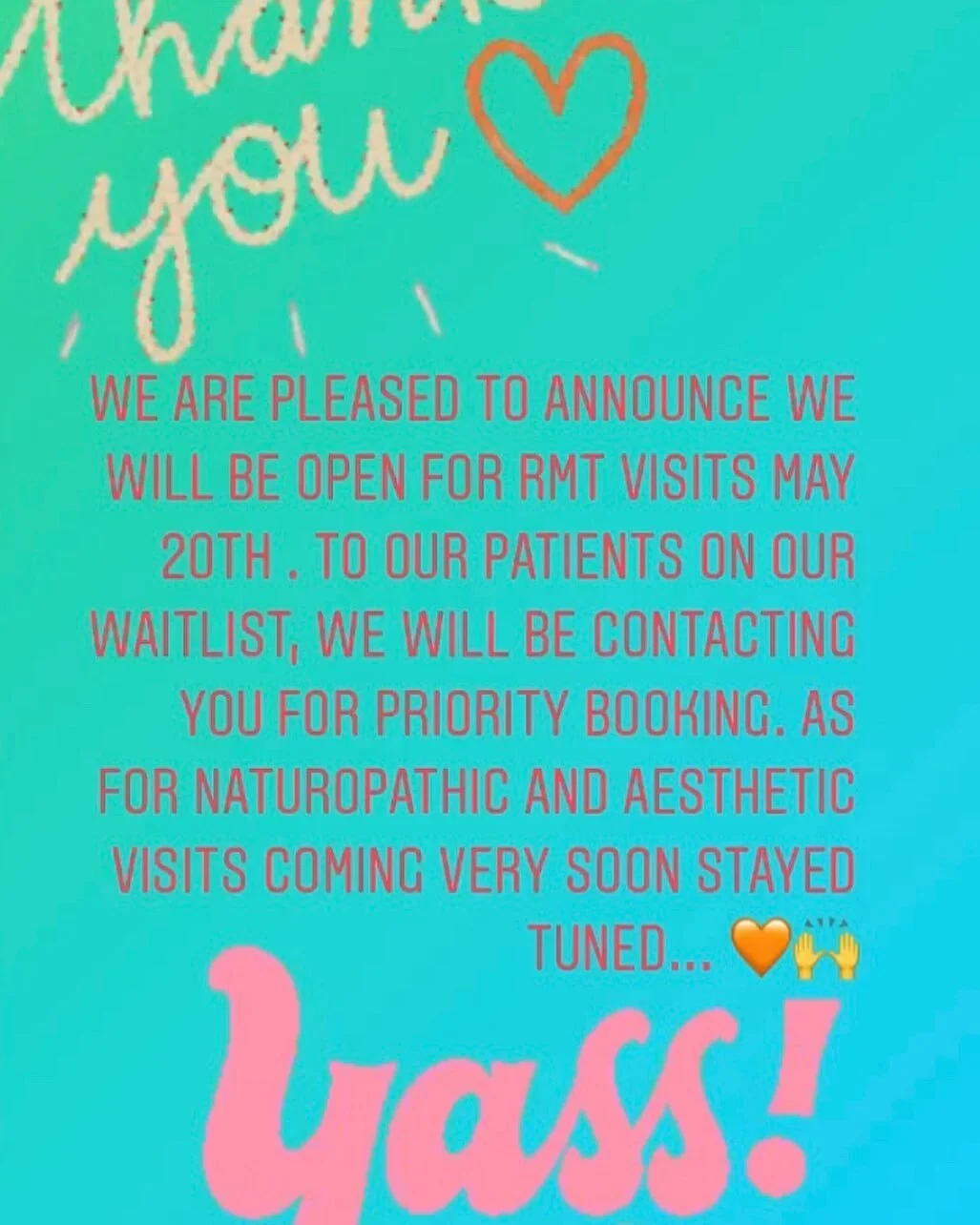 We can&rsquo;t wait to see you all soon! Rmt visits will be available for online booking as of May 19th. Waitlist patients will be given priority booking. Naturopathic and aesthetic visits are coming soon. If you&rsquo;d like to get on our wait list 