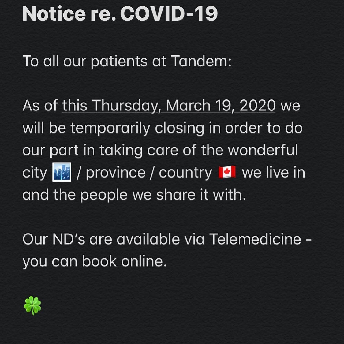 💙Notice of temporary closure💙 *Virtual hugs*
We&rsquo;ve got this, Canada.