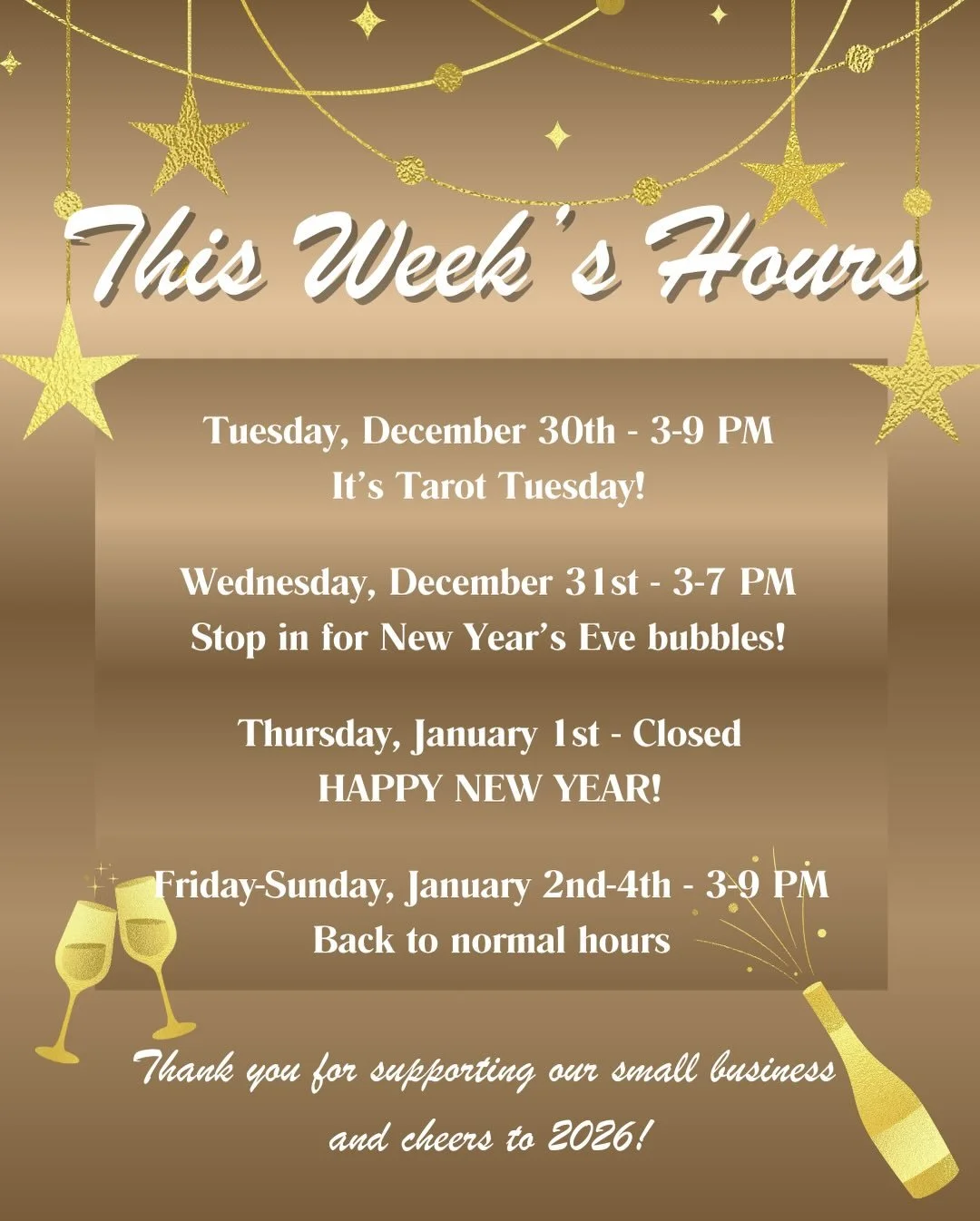 Before we ring in the new year, come see us one more time 🍾

Swing by for last-minute NYE bubbles to-go, a final Cavi-Hour of the year with discounted wine + caviar tins, and one more chance to end 2025 on a very high note.✨

Thank you, truly, for s