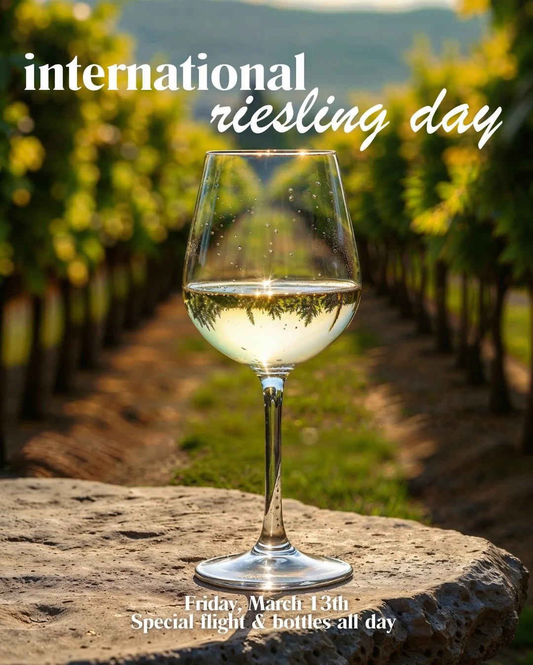 Today&rsquo;s the day &mdash; International Riesling Day! 🥂❄️

And since it&rsquo;s snowing out there, consider this your little bit of sunshine in a glass.

We&rsquo;re pouring a $20 Riesling flight featuring three 2-oz pours that show just how exp