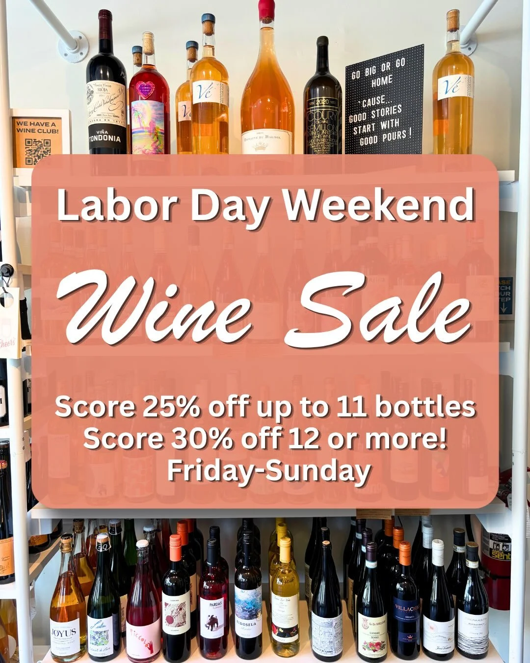 🚨🍷 LABOR DAY WEEKEND WINE SALE starts FRIDAY!

Consider this your sign to stock the wine rack, prep for fall hosting, or finally grab a few of those bottles you&rsquo;ve been eyeing. The more you stock up, the more you save:

🍾 1&ndash;11 bottles 