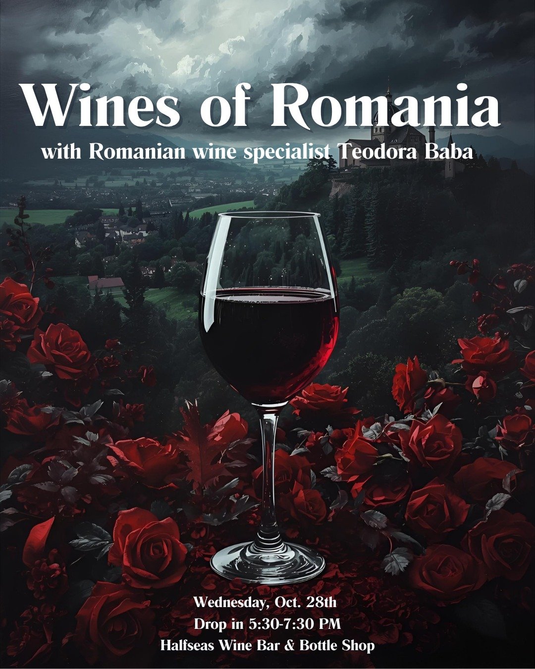 Don't ghost us! 👻🍷
ㅤ
Your spooky season wine plans are officially sorted. 🇷🇴✨
ㅤ
Teodora Baba is BACK at Halfseas this Wednesday for her third visit by popular demand, and she's bringing four fabulous Romanian wines for us to explore!
ㅤ
Think anci