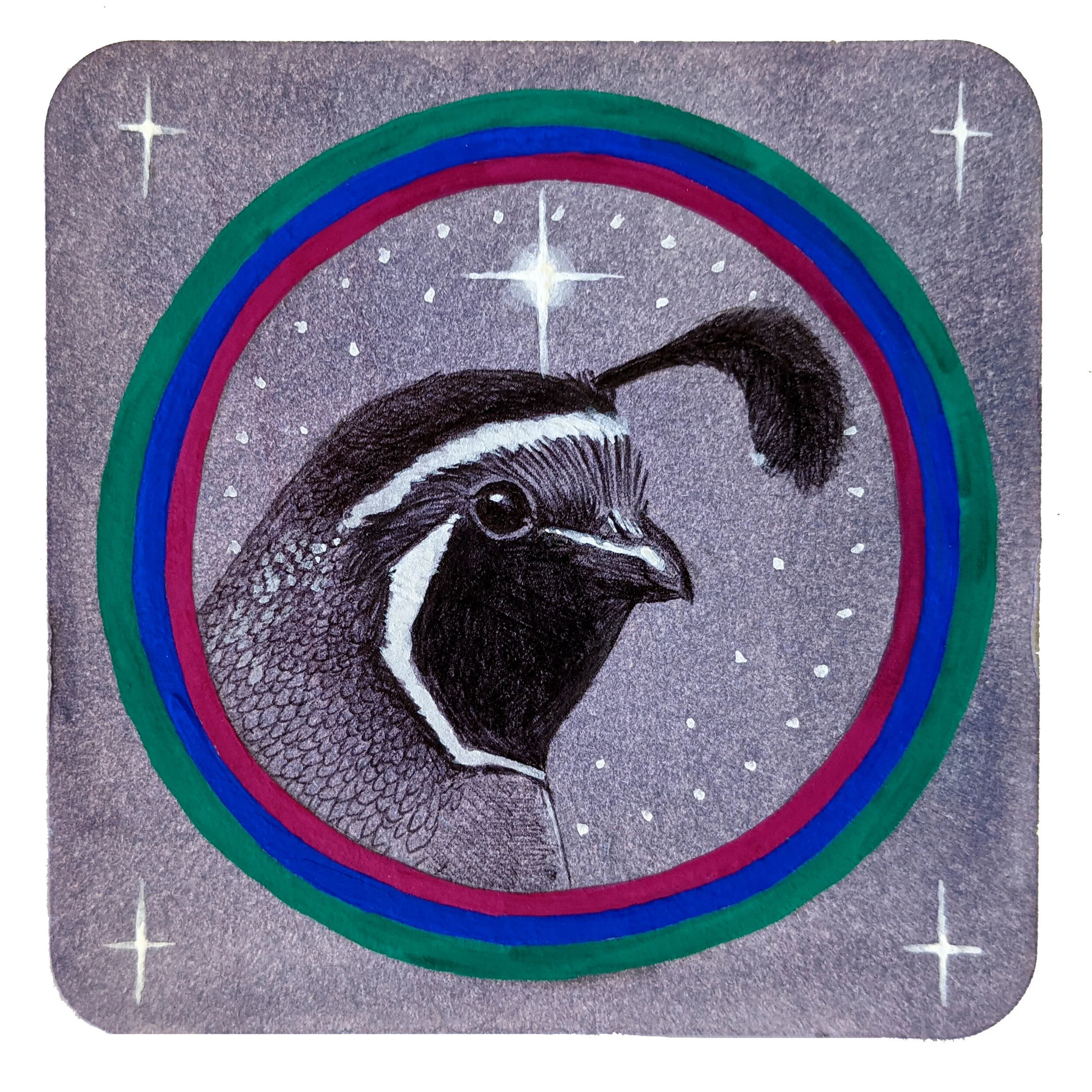  Quail. Watercolor, gouache and ballpoint on coaster. 4x4in.