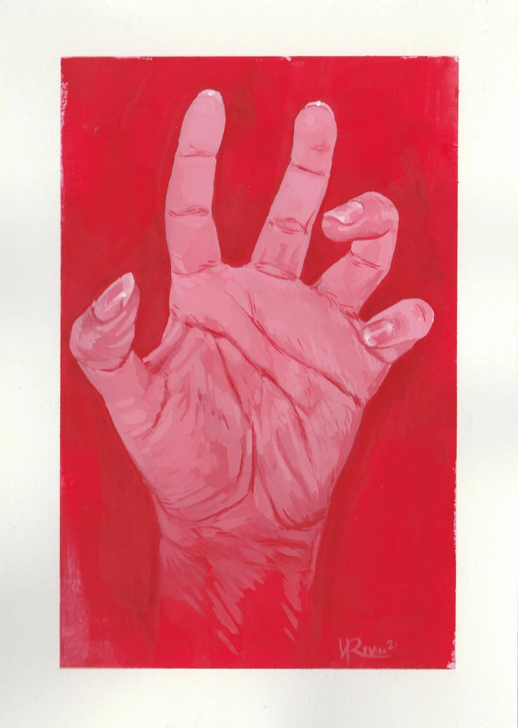 Hand Study no. 36, Red. Gouache on paper. 5x7in.