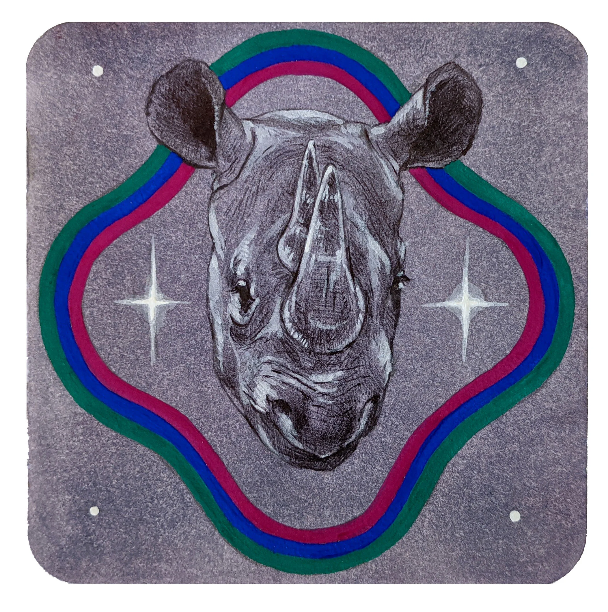 Rhino. Watercolor, gouache and ballpoint on coaster. 4x4in.