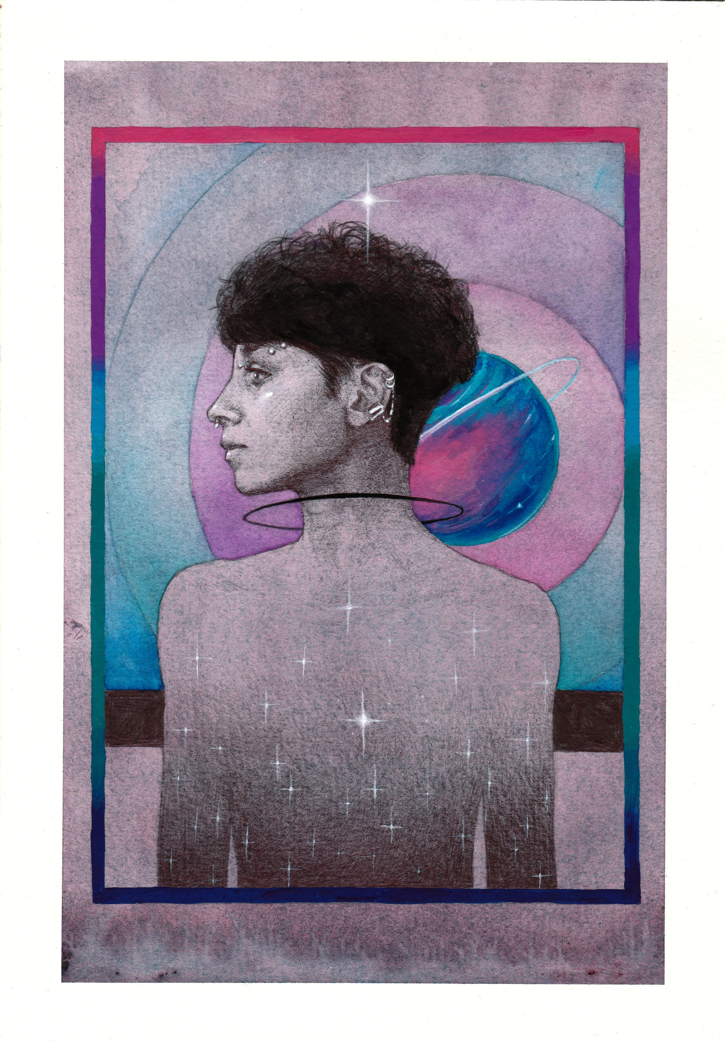 Astral.  Watercolor, gouache and ballpoint on paper. 7x10 in.