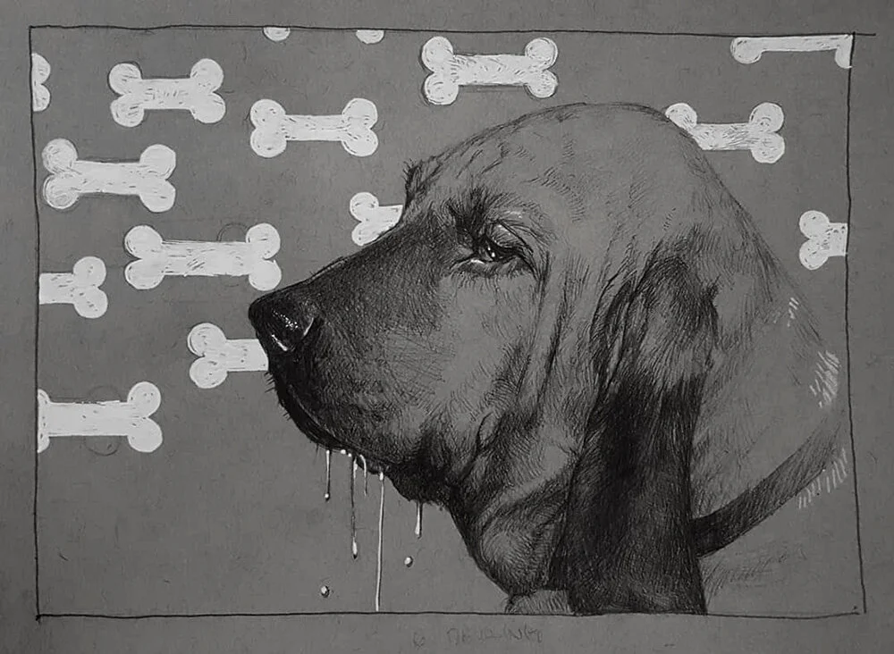 Inktober '18 Day 6 - Drool. Ballpoint and gelpen on toned paper. 5x8in.