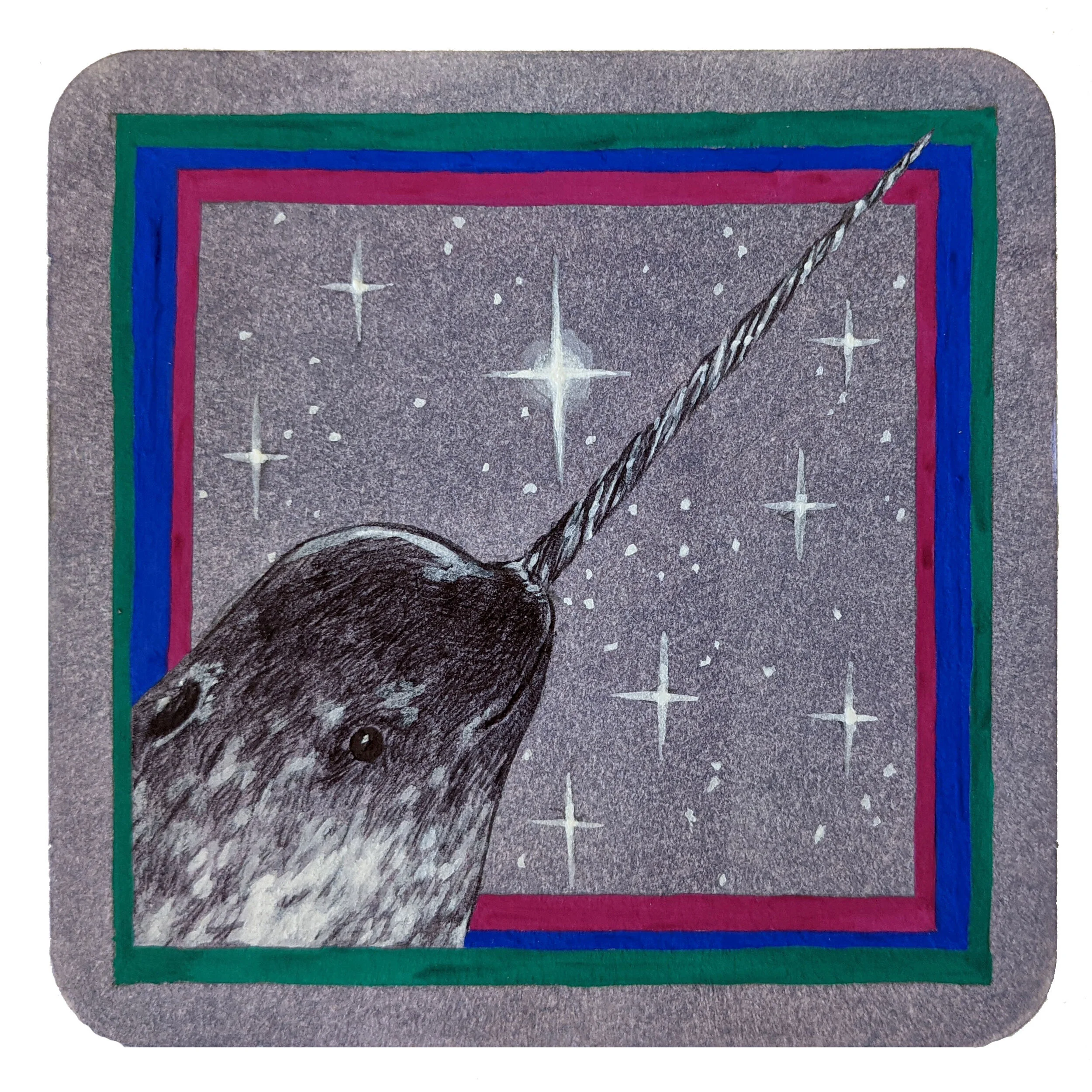 Narwhal. Watercolor, gouache and ballpoint on coaster. 4x4in.
