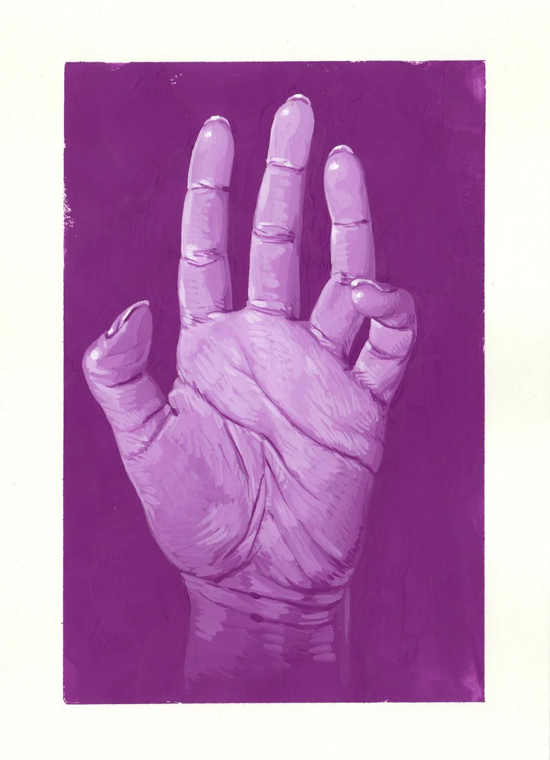 Hand Study no. 41, Purple. Gouache on paper. 5x7in.