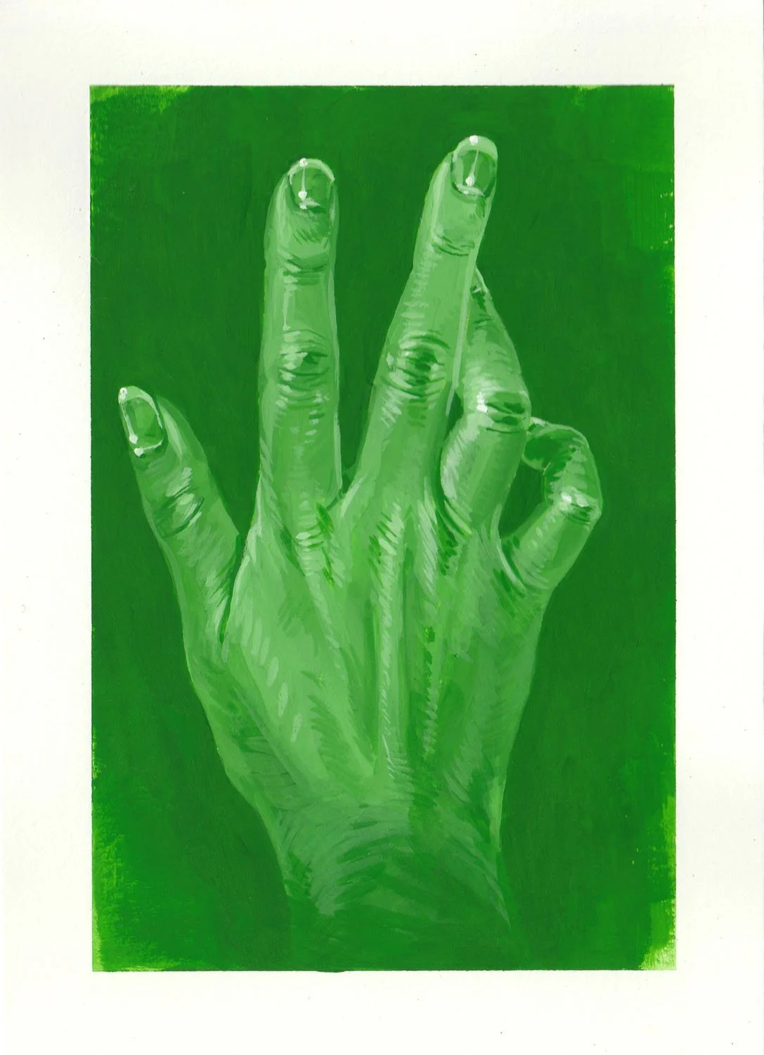 Hand Study no. 38, Green. Gouache on paper. 5x7in.