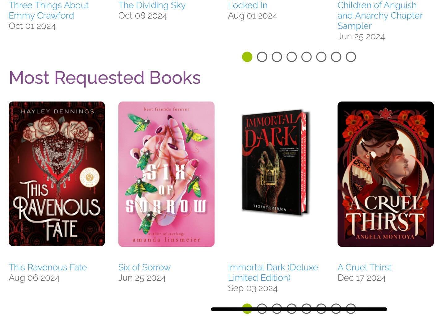 Thanks to you, A CRUEL THIRST has landed in the &ldquo;most requested&rdquo; category in YA! 

Happy to see Carolina and Lalo up there with two other amazing vampire books coming this year by @pagesofhayley and @tigestgirma !!!

All three of these bo
