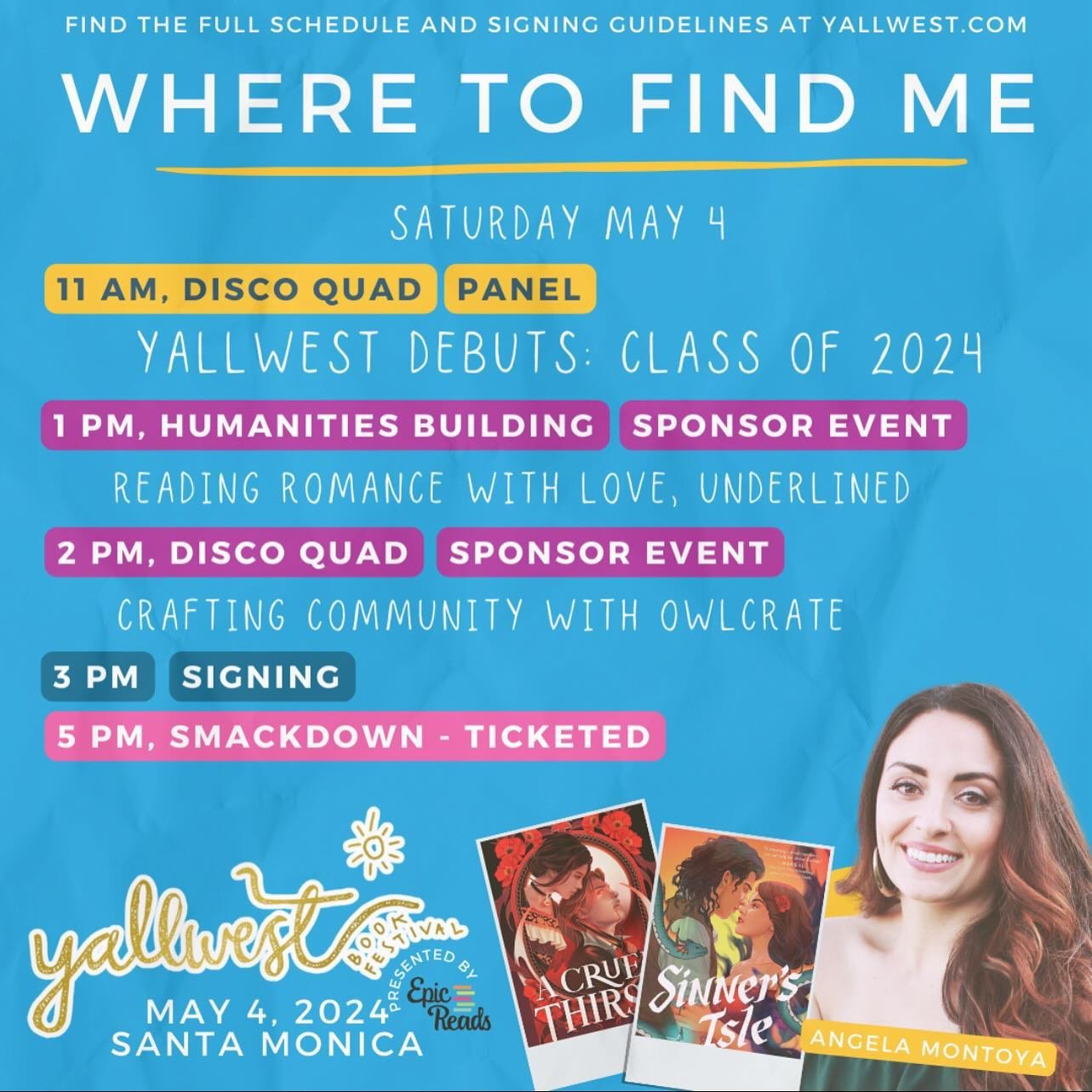Raise your hand if you&rsquo;re going to @yallwest 

Here&rsquo;s where you can find me on Saturday.

It&rsquo;s going to be a very busy day! I can&rsquo;t wait!!!!!

#yallwest #bookish #yaauthorsofinstagram #yaauthor #yaauthors #yabooks