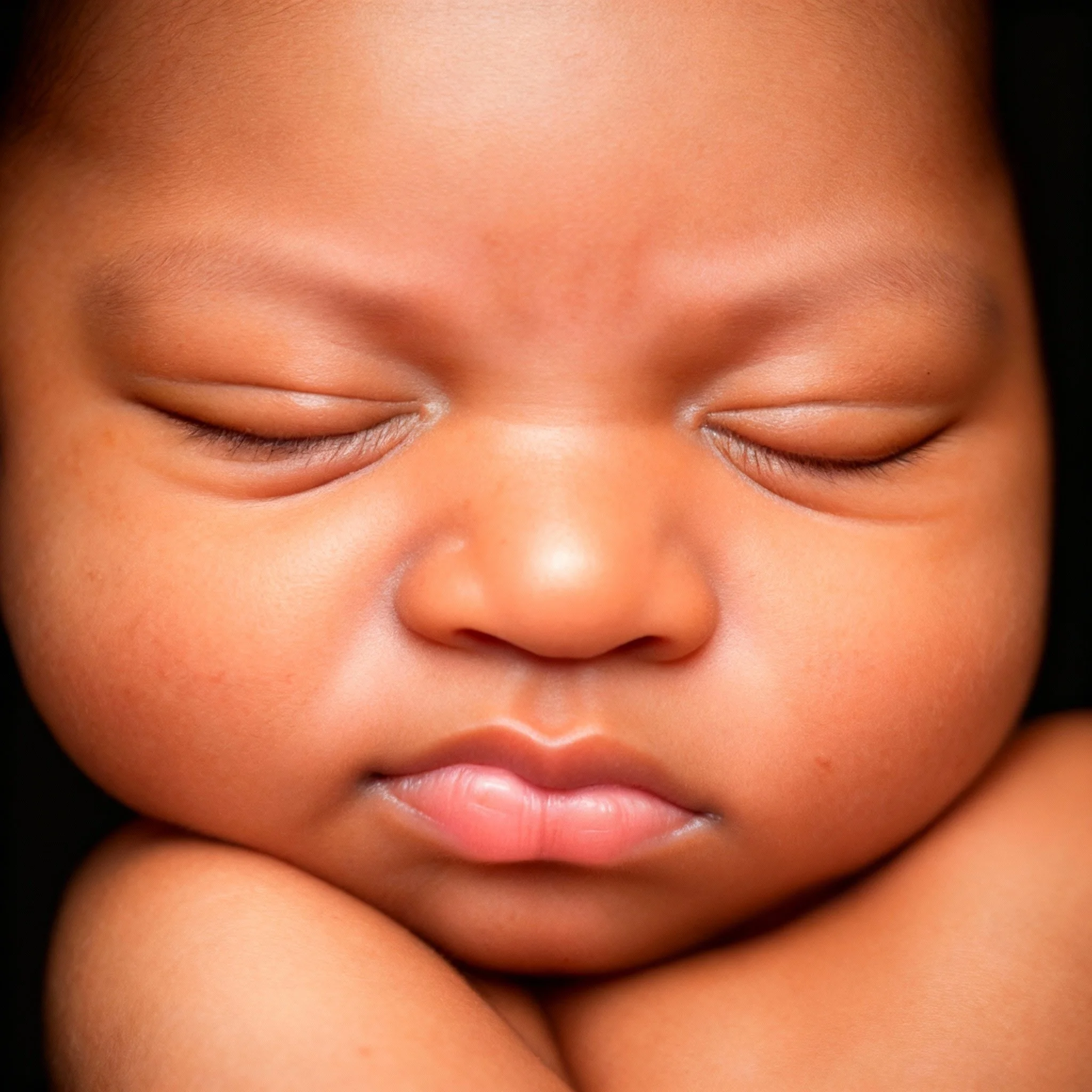 Close-up of a sleeping baby’s face with closed eyes and lips, against a black background.