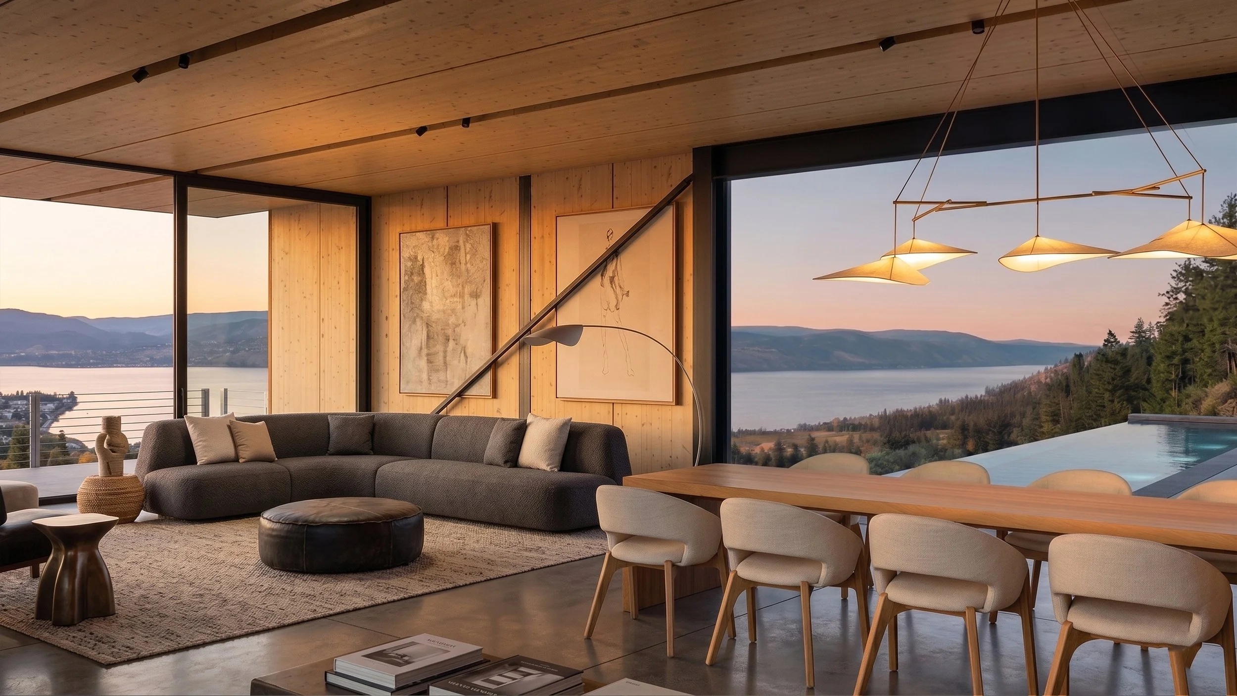 Living and dining spaces opening to a sheltered pool courtyard with views across Okanagan Lake.