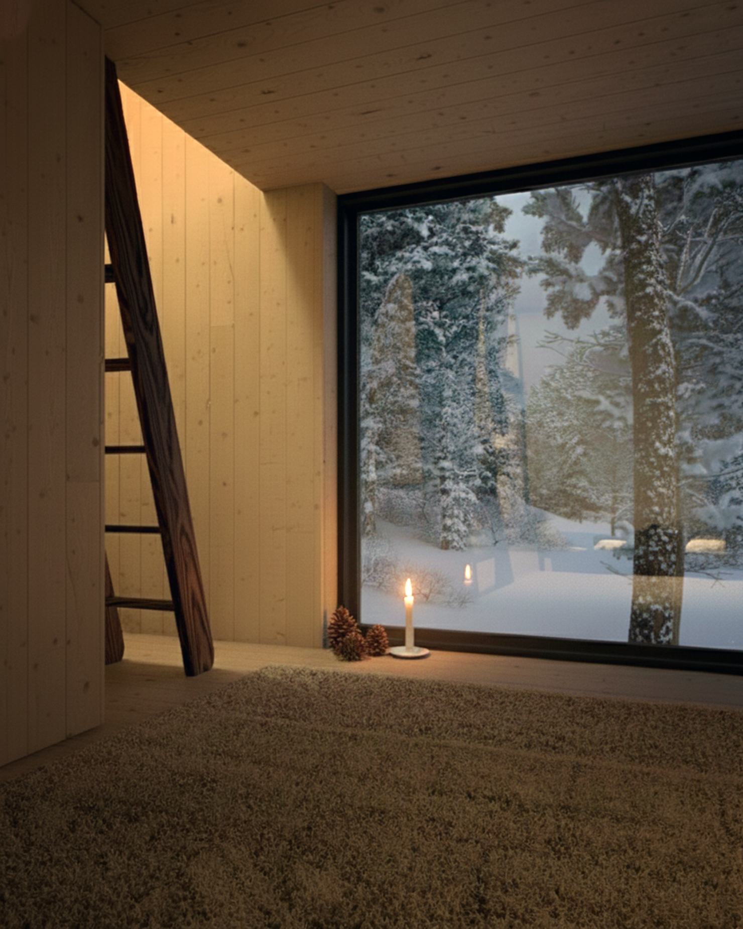 Wood-lined interior of the High Country Shelter looking through a large window to the snowy forest.