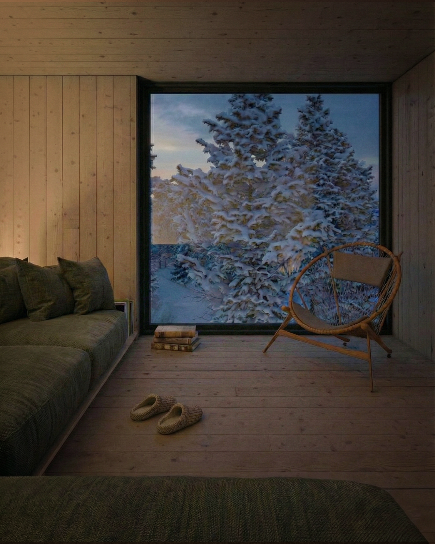 Wood-lined living space with a large window framing snow-covered pines outside.